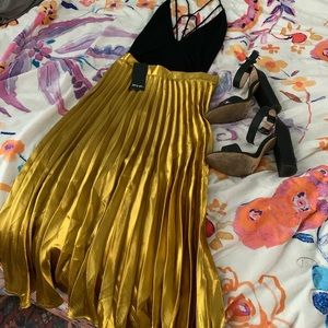 Gold Satin Pleated Midi Skirt NWT